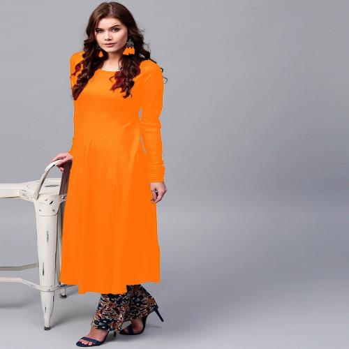 ZYXA Women's Regular Fit Plain Rayon Anarkali Kurti with Extened (Churi) Sleeves - ORANGE, XL