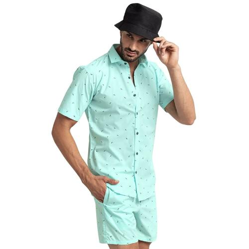 PURPLEMANGO THE FRUIT OF FASHION Men Blue Printed Cotton Shirt And Shorts Co Ords Set (M)