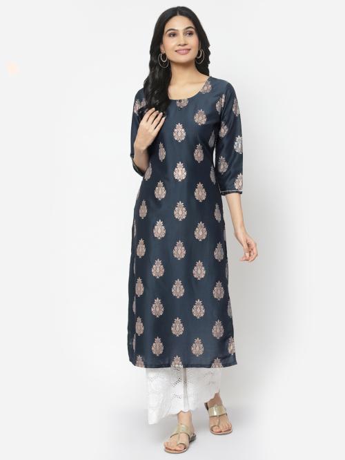KAZAREE Women Navy Blue & Gold-Foil Floral Embellished Kurta