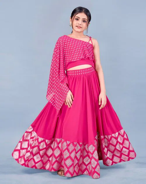 Fashion Dream Girls Pink Foil Printed Georgette Lehenga Choli Set | Girls Lehenga Choli | Girls Ethnic Wear | Lehenga Choli | Readymade Lehenga Choli | Ghagra Choli | Lehenga Choli For Girls