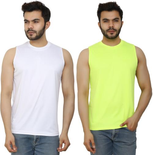 PRIME PLUS Neon Yellow and White Solid Round Neck Gym Vest - M (Pack of 2)