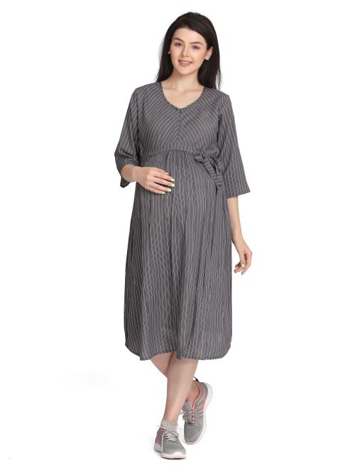 Lovely Mom's Women's Cotton Rayon Striped Maternity Dress,Breastfeeding Dress With Zippers,Nursing Dress for Pregnancy Grey - XL