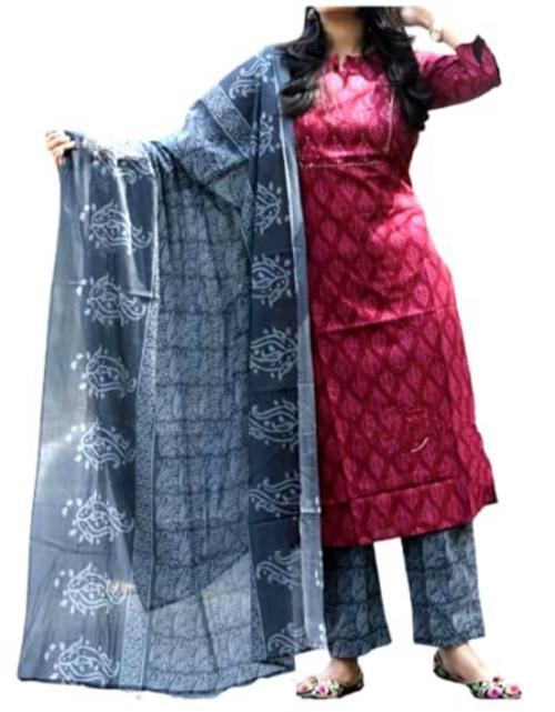 Femeone Women Magenta Cotton Kurta Pant with Dupatta - M