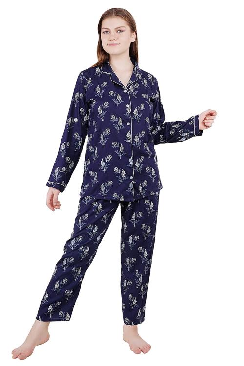 SDGP Rayon Cotton Night Suit/Night Wear Printed (Full Sleeve) Night Suit Pyjama Set for Women & Girls Blue