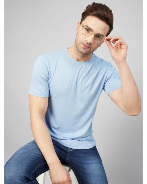 Gritstones Men Sky Blue Half Sleeve Cotton Blend Summer T-Shirt