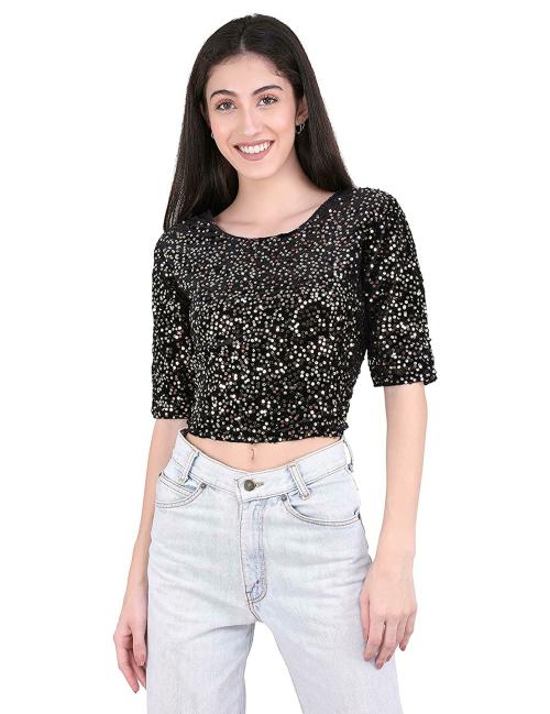 UNFAKENOW Women Black Printed Velvet Top