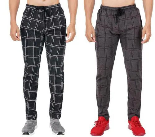 SANRIGHT Men Black, Brown Checkered Cotton Pack Of 2 Track Pants (XXXL)