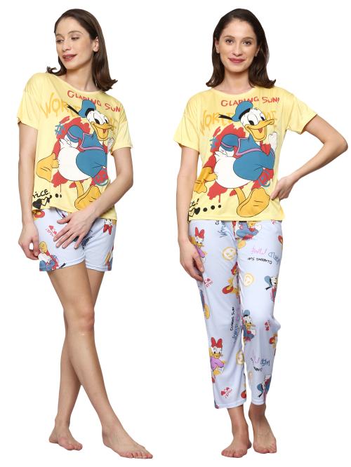 AUREA Half Sleeves Cartoon Printed T-Shirt Pyjama & Shorts Night Suit 3 pcs Set for Girls & Women