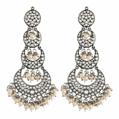 I Jewels 18k Silver Oxidised Intricately Designed Traditional Earrings with Hair Chain Encased With Kundans & Pearls (E2909OX)