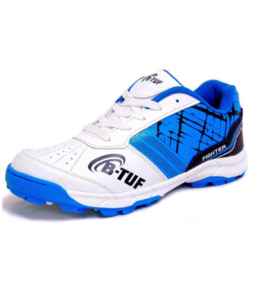 B-TUF Fighter Cricket Shoes Stud Spikes Sports Shoes for Men Women Boys Girls (White/Blue) Size India/UK 5