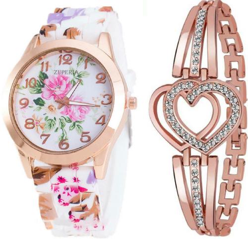 Zuperia Stylish Multicolored Floral Design Rubber Strap Analog Watch And Fancy Bracelet - Pack of 2