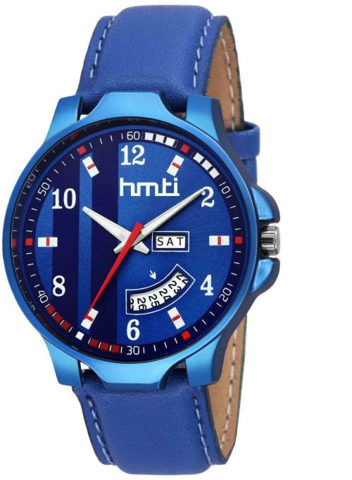HMTI 8073 Blue Leather Strap Day and Date Functioning Analog Watch - For Men