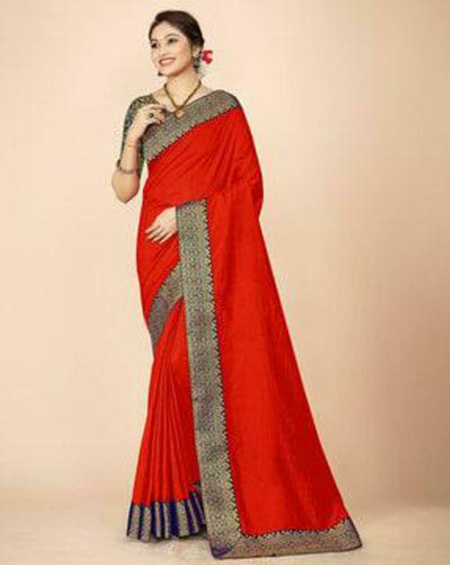 Rajshree Women Red Silk Ruffles Saree