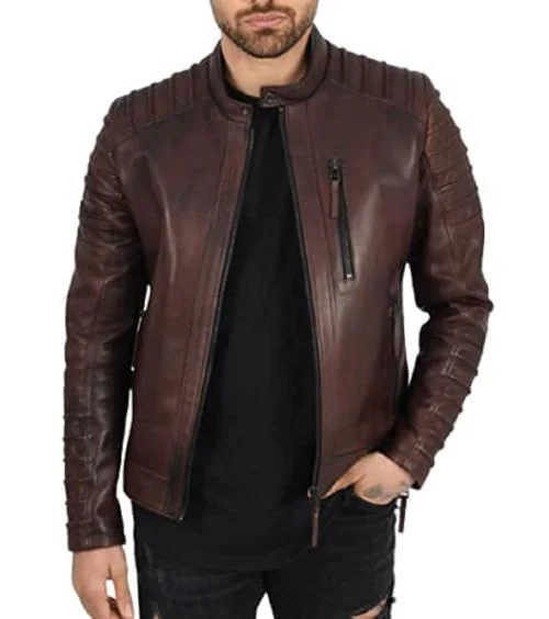 MOZRI Leather Accessories Men's Brown Self-Design Jacket