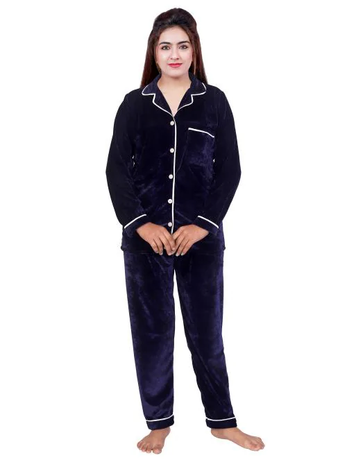 NACNO Girl's-Women's Woolen/Winter Shaneel Shirt & Pajama Set/Night Suit/Set Nightwear Dress Night Gown Nighty Navy Blue