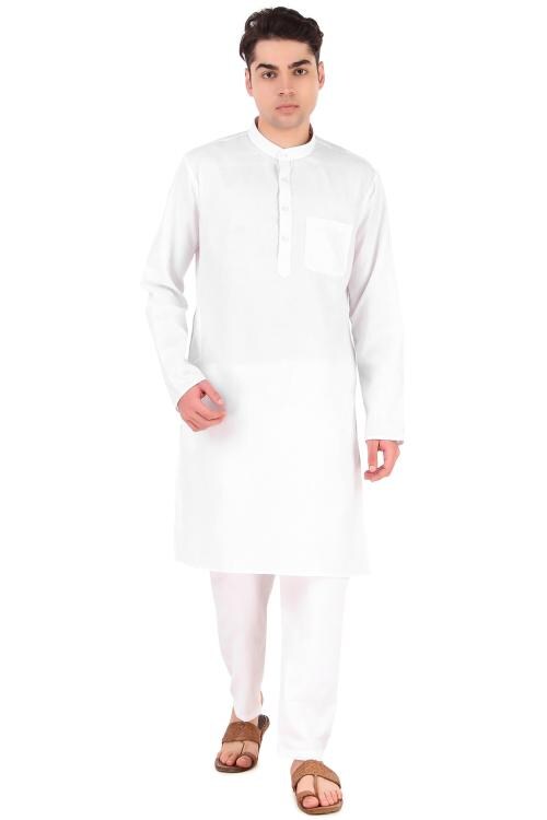 SKAVIJ Cotton Casual Kurta Pajama for Men Indian Ethnic wear Clothing (Large, White)