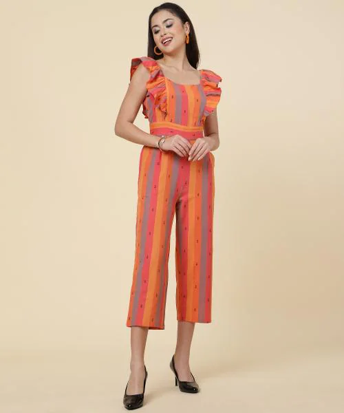Anushil Multicoloured Striped Jumpsuit for Women - Ruffle Sleeves, Ankle Length Jumsuit for Girls - Woven Cotton Fabric With Square Neck Style(Colour-Orange, Size-S)