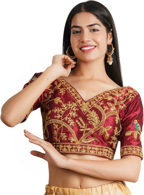 Trendzmy Women Maroon Embriodered Cotton Silk V-Neck Blouse, Free Size