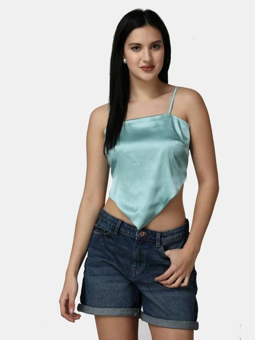 Popwings Women Casual Sea Green Satin Scarf Knot Solid Crop Top | Tops for Women | Tops For Women Stylish | Tops Latest Design For Women