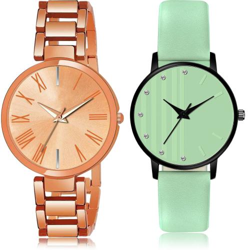 NEUTRON Brand New Collection Simple Chain And Embossed Designer Dial Rose Gold And Green Colour Analog Metal And Genuine Leather Belt 2 Watch Combo For Women And Girls - G614-GM321