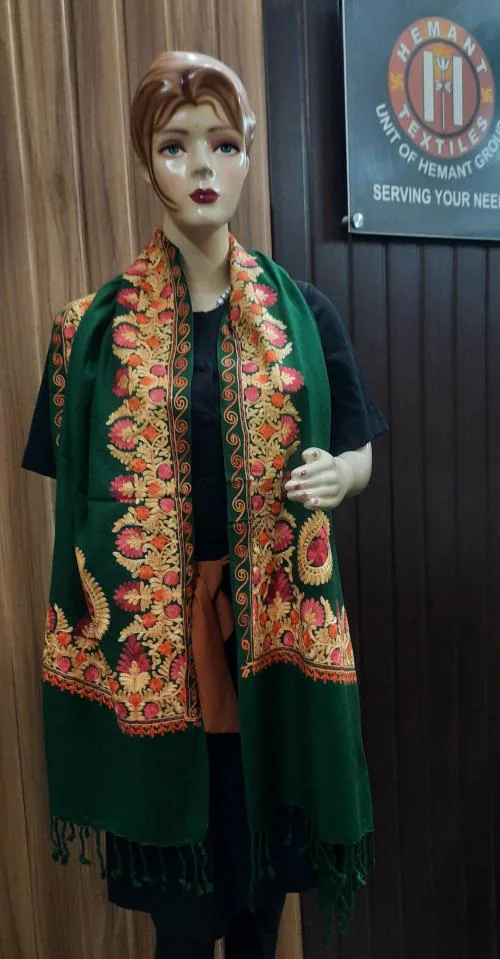 Olive Green color Authentic aari embroidered kashmiri stole , unisex shawl, ethnic stole, mens kurta stole, embroidery shawl for women