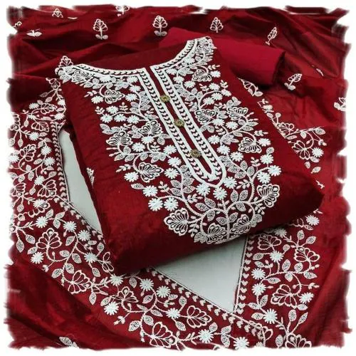 Sidhidata Women's Heavy Cotton Embroidery Work Unstitched Salwar Suit Dress Material With Chanderi Work Dupatta Red
