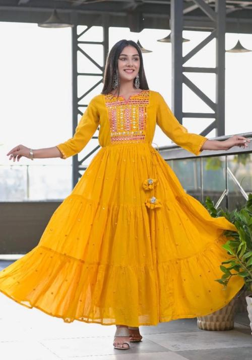 M Mart Long Flared Round Neck Kurti 3/4 Sleeve Flared Kurti