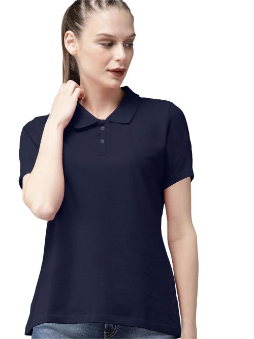 Lazychunks Women Navy Blue Solid Polycotton Polo Tshirt
