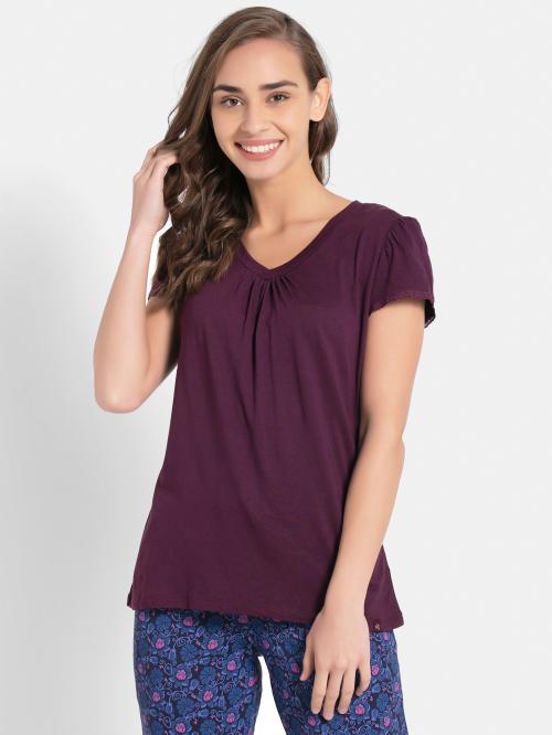 RX12 Women's Micro Modal Cotton Relaxed Fit V Neck Half Sleeve T-Shirt with Lace Trim On Sleeves