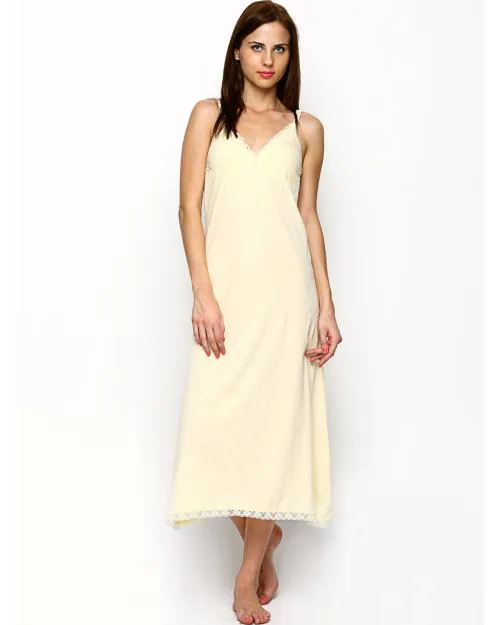 Red Rose Long Camisole Bra Slip with Spaghetti Straps Nighty Slip for Women - V-Neck Cotton Fabric Full Length Nightdress (Yellow)