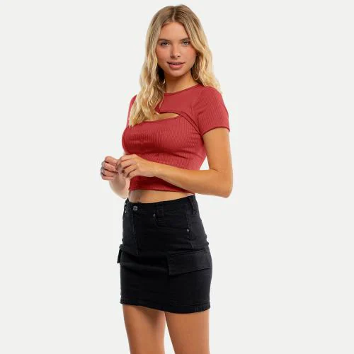 Rad Prix Women Red Ribbed Front Cut Out Crop Top