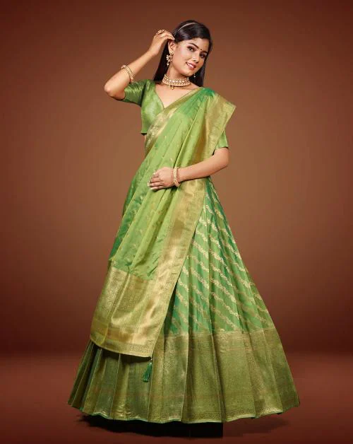 Buy HALFSAREE STUDIO Light Green Banarasi Silk Zari Weaving Pattu Half Saree Online at Best
