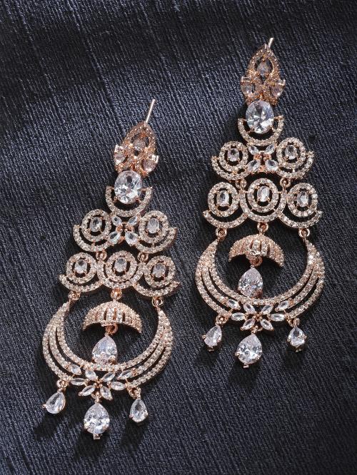 ZENEME Rose Gold-Plated White American Diamond Floral Drop Earrings