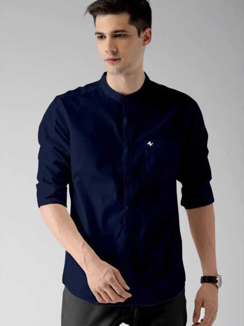 BOUGHT FIRST Solid Regular Fit Men's Full Sleeves Mandarin Collar Cotton Blend Shirt Stylish Casual Formal Party, Office, Festival- (Navy Blue, XL)