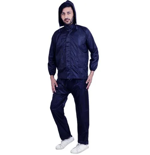 VORDVIGO 100% Waterproof Semi-Nylon Zipper Raincoat With Jacket, Hood and Pant With Pockets for Men and Women, Size-M (Blue)