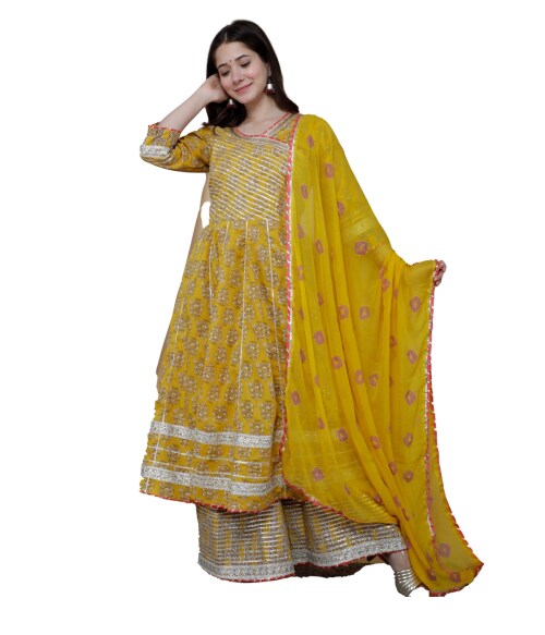 Clickedia Womens Fully Stitched Cotton Printed Angrakha Kurti with Gotta Patti , Tassels and Chiffon Dupatta with Sharara Jaipuri Salwar Suit