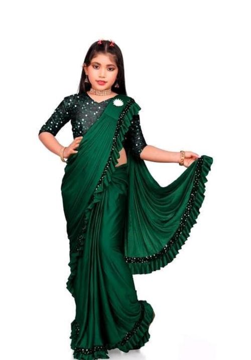 Royal fashion girls green Lycra Blend Ruffle Pattern Saree With Velvet Unstitched Blouse Piece