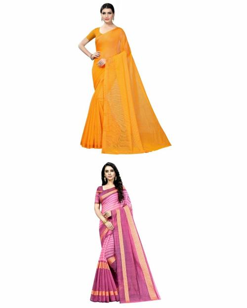 Vkaran Women's Mustard & Pink Colour Cotton Silk Saree With Blouse pack of 2