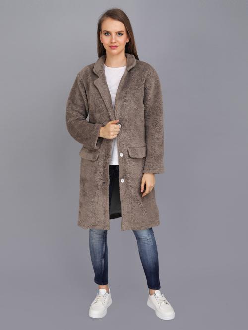 Charcol solid tailored Long jacket, has a stand collar,has a button closure, three-quarter sleeves, straight hemline, with lining and Flap Pockets