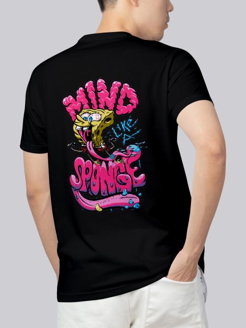 BLISSINK SpongeBob SquarePants Front And Back Printed Black Cotton Tshirt for Men
