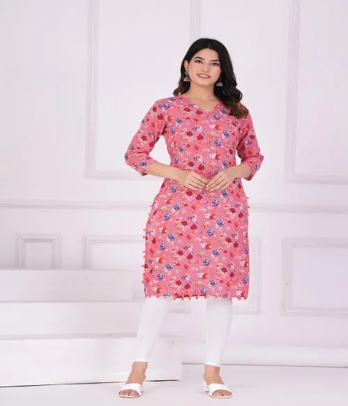 Kv Kurti Verse Women's Rayon Pom-Pom Printed Lace Work Straight Kurti-L