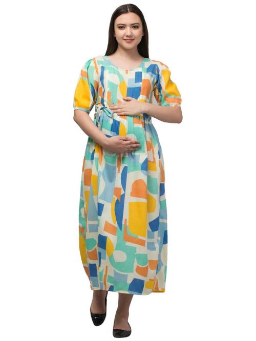 Zuvino Women Blue Abstract Print Maxi Length Maternity Dresses