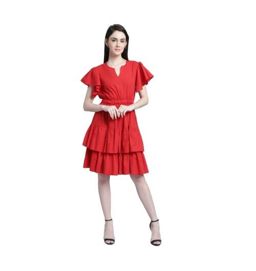 MARC LOUIS Notched Neck Flutter Sleeve Layered Fit & Flare ML 2780 Red Dress - M