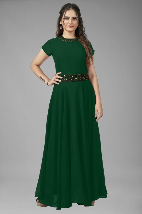 FEMVY Women Green Georgette Anarkali Gown Dress (S)