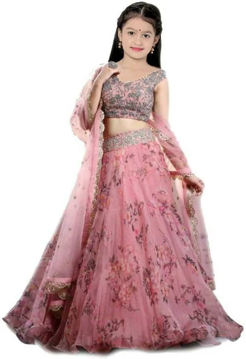 FULPARI Girls Lehenga Choli Party Wear Ethnic Wear Printed Lehenga Choli and Dupatta Set ( Pink )