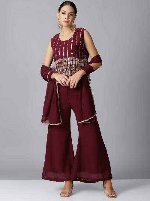 Ethnic Desire Women Maroon Embroidered Georgette Top And Palazzo Set