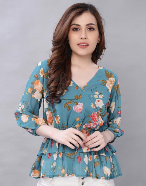 Selvia Women Teal Digital Print Polyester Top | tops for women | tops | women tops