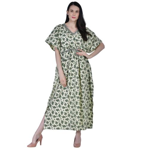 Shararat Women's Green Printed Cotton Kaftan