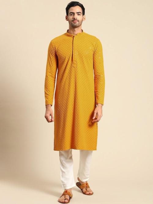 REYANSH4U Men Yellow Chikan Embroidery Viscose Rayon Straight Kurta