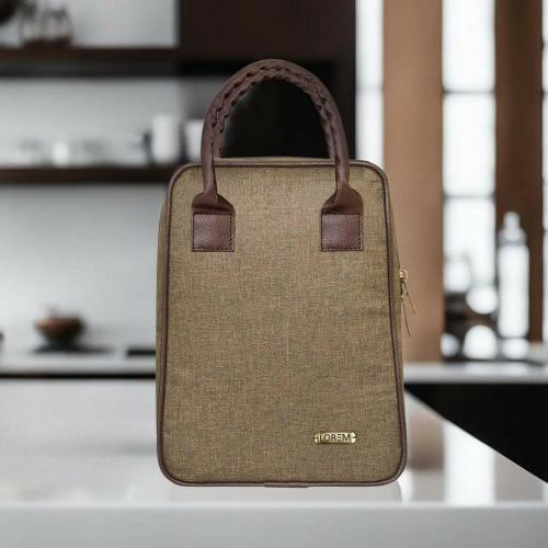 LOREM Khaki Linen Textured Insulated Tiffin bag/Lunch Bag For Men & Women TB03
